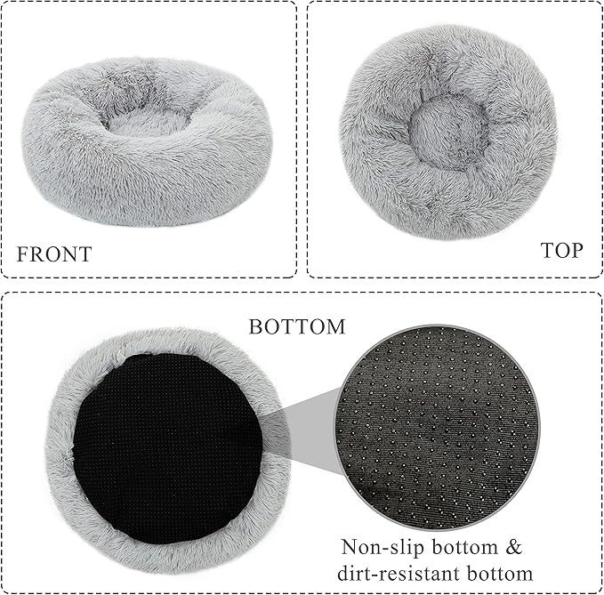 Calming Cat Bed, Soft Round Cuddler Dog Beds Fluffy Plush Faux Fur Pet Beds, Anit-Anxiety Self-Warming Comfy (20", Light Grey)
