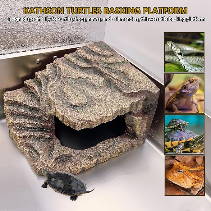 kathson Turtles Basking Platform Tortoise Resting Terrace Climbing Ramp Resin Dock Tank Decorations Reptile Hiding Cave Hideouts for Aquatic Turtles, Frog, Newts and Salamanders，Large
