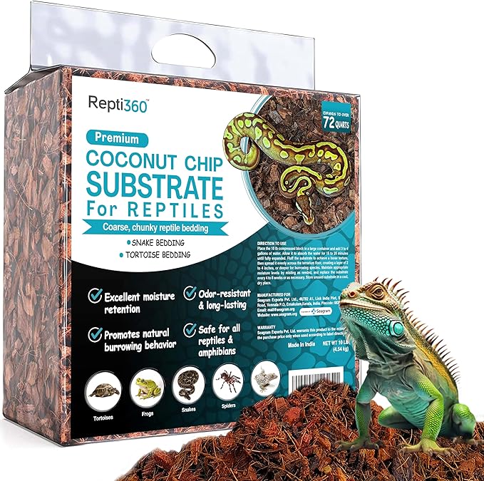 Premium Coconut Chip Substrate for Reptiles | 10 LB Compressed Block Expands to 72 Quarts | Natural Bedding for Ball Python, Tortoise, Bearded Dragon Habitats