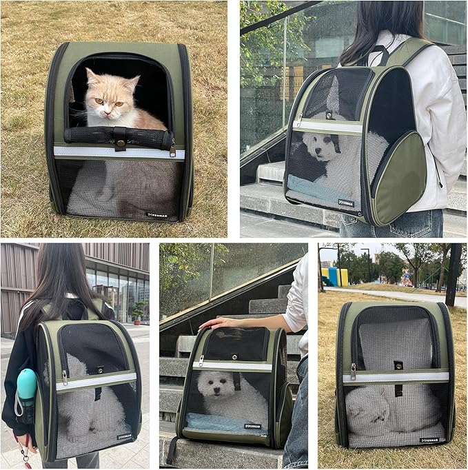 Cat Backpack Carrier for Small Dogs and Medium cat Puppy Kitten Bunny Pet Carrier Backpack Collapsible with Fully Ventilated Mesh with Safety Leash (DarkGreen, 12.9" L x 10.62" W x 15.5" H - M)