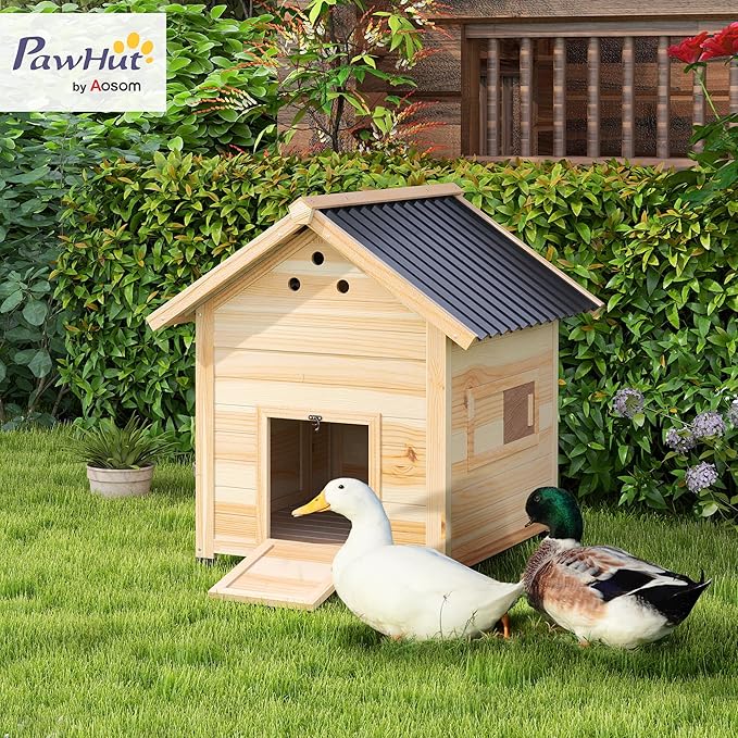 PawHut Duck Coop, Wooden Chicken Coop, Duck House with Openable Roof, Double Doors, Removable Base for 1-3 Ducks, Chickens, 31" L, Natural Wood