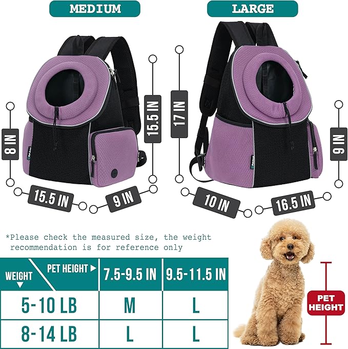 PetAmi Adjustable Cat & Dog Front Chest Carrier Backpack, Ventilated for Hiking & Camping, Max 10 lbs, Purple