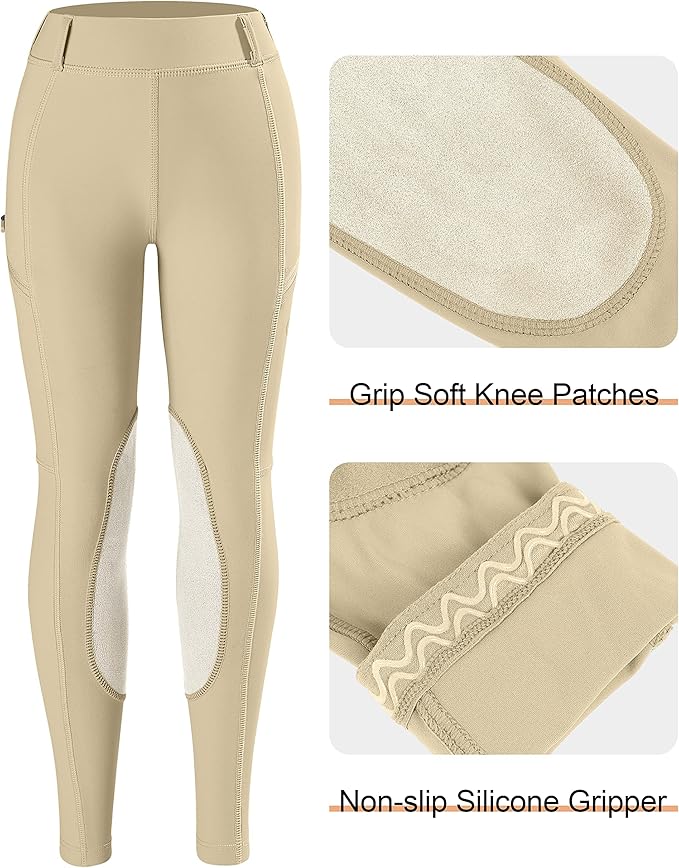 SANTINY Girls Horse Riding Pants with Zipper Pockets Kids Stretchy Equestrian Breeches Knee-Patch Youth Schooling Tights