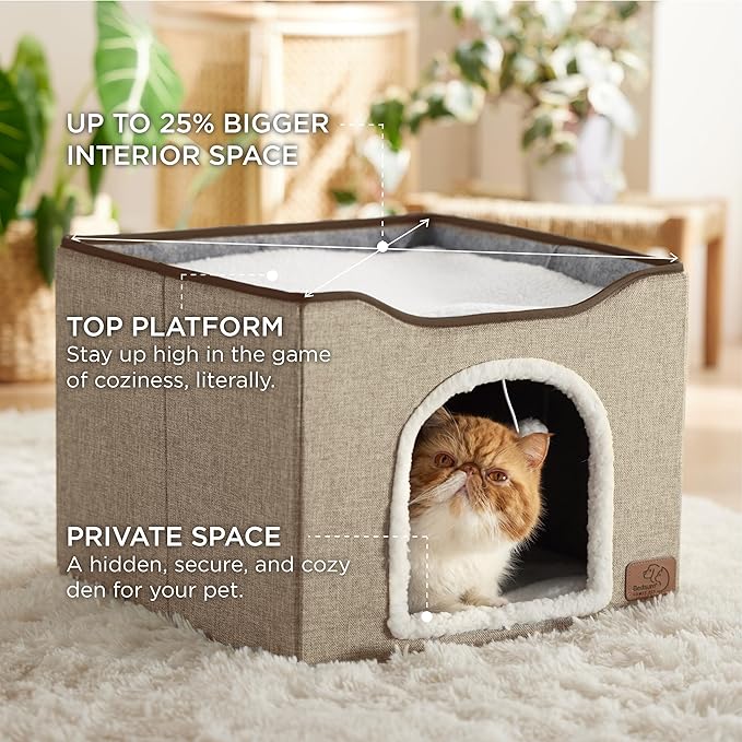 Bedsure Cat Beds for Indoor Cats - Large Cat Cave for Pet Cat House with Fluffy Ball Hanging and Scratch Pad, Foldable Cat Hideaway, 16.5x16.5x13 inches, Brown