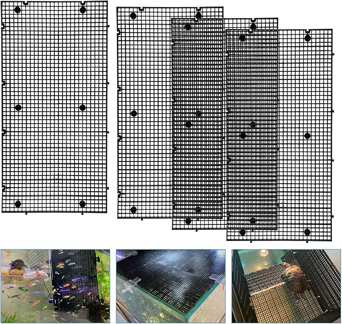 Adjustable Platic Grip Panel Aquarium Fish Tank Divider Filter Bottom DIY Plastic Grid Fish Tank Isolation Board Plastic Egg Crate Tray (Black, 4pcs 11.8X5.9 Inch with 0.15 Inch Hole)