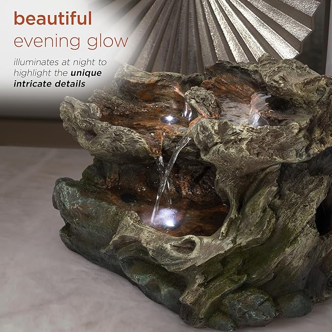 Alpine Corporation WIN1334 10" Tall Tabletop 3-Tier Waterfall Rock Fountain with LED Lights, Indoor Decorative Water Feature for Desk, Table, Office, and Home, Brown