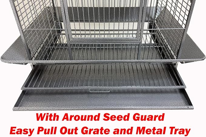 X-Large 32" Lx23 Wx69 H Deluxe Wrought Iron Bird Parrot Cage Top Play Ground Walk Ladder Stainless Cups Include Seed Guard Large Storage Shelf Heavy Duty Rolling Lockable Wheels