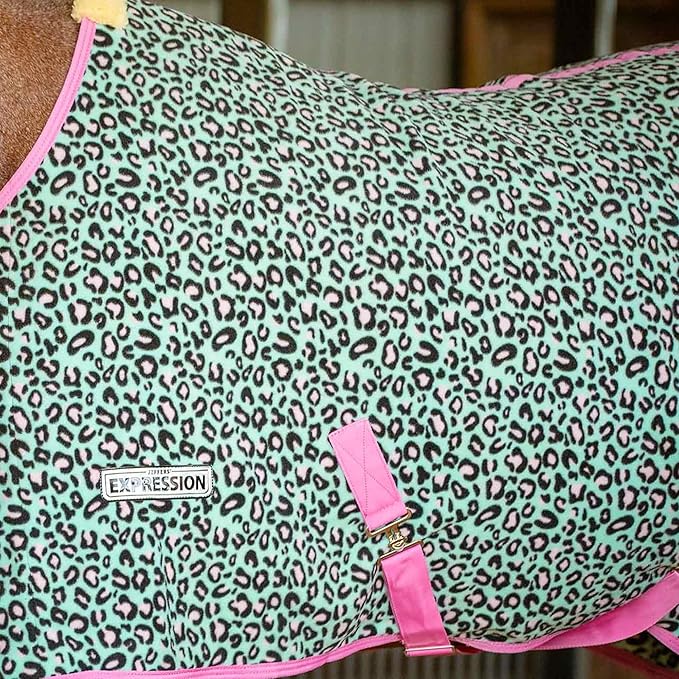 Jeffers Expression Fleece Cooler for Horses, Standard Neck, Party Cheetah 78"- Equine Towel Blanket, Moisture Absorbent, Light Weight, Best for Drying, Exercise, Bathing, Adjustable Belly Bands