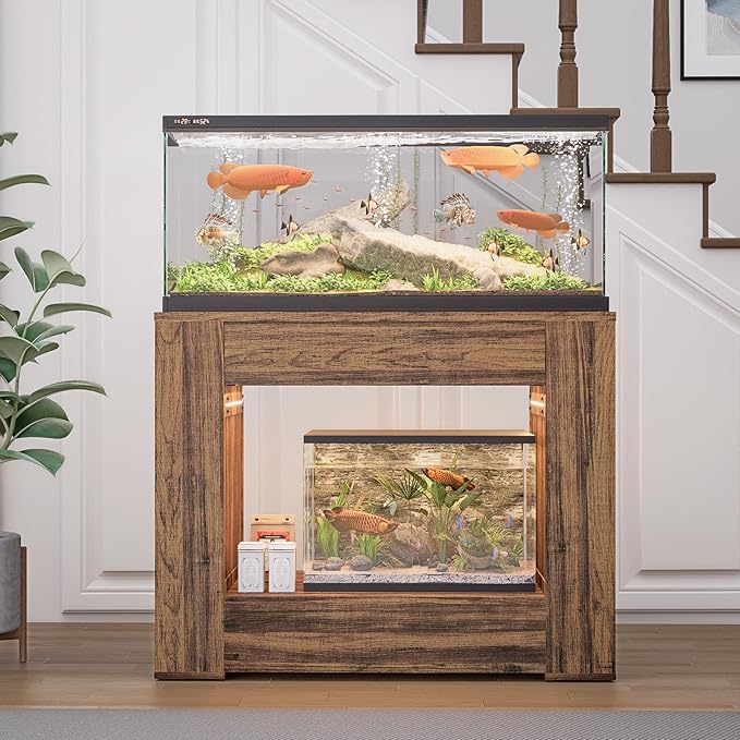 40-50 Gallon Aquarium Stand with Power Outlet,Led Light,Large Storage Drawer,Heavy Duty fish tank Stand for Turtle Tank, Turtle Reptile,Amphibians Terrarium,Rustic Brown