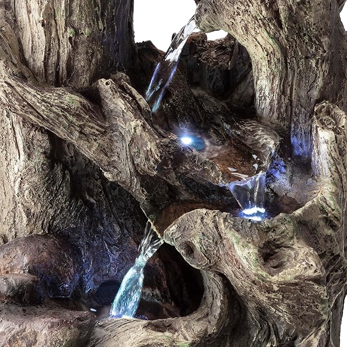Alpine Corporation WIN786S Indoor 5 Tiered Rainforest Tree Trunk Tabletop Waterfall Fountain with LED Lights, 14" Tall, Brown