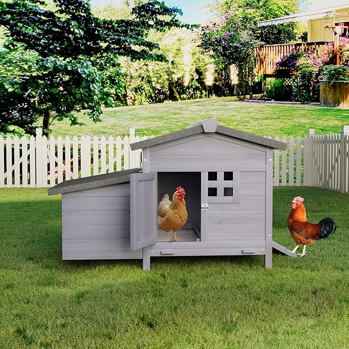 Outdoor Wooden Chicken Coop with Nesting Box – All-Weather Hen House for 3–4 Chickens, Asphalt Roof, Leak-Proof Pull-Out Tray, Predator-Proof Poultry Cage with Multiple Doors Gray
