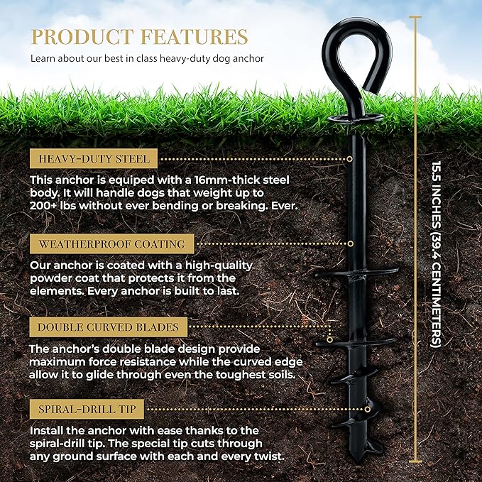 ROYAL-PAW Dog Tie Out Stake - for Large Dogs up to 210 lbs - Heavy Duty Dog Stake for Yard, Beach & Camping Outside - Best in Ground Anchor for a Dog Cable, Leash, Lead Tether (1, Midnight Black)