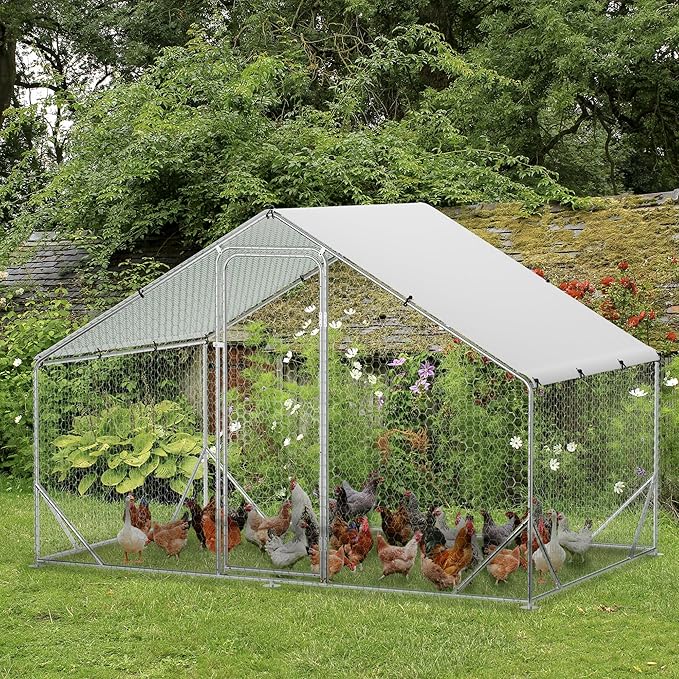 Large Metal Chicken Coop Run,Outdoor Walk-in Cage Peak Hen House with Waterproof and Anti-Uv Cover,Spire Roof Hen House with Security Lock for Outdoor,Backyard and Farm, 9.8 x 6.5 x 6.5 ft